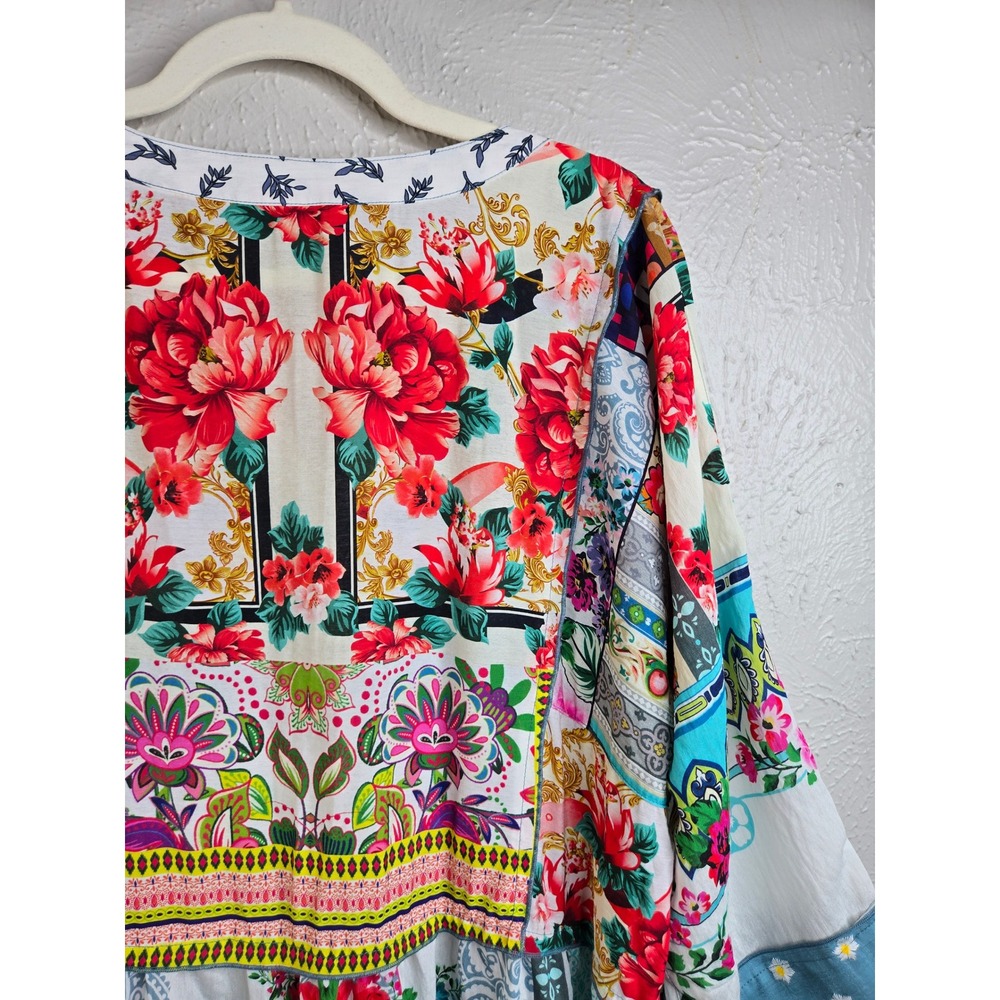 John Mark Floral Patchwork Blouse L Multi Color Relaxed Eclectic Boho Artsy Top - Picture 12 of 13